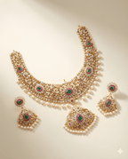 Royal emerald Kundan bridal necklace set with matching earrings flat lay