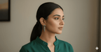 Woman wearing carved dagger drop earrings in oxidised silver
