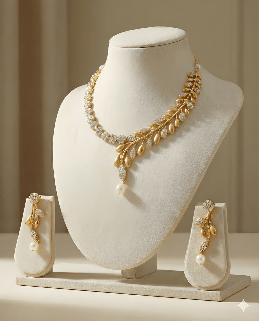 Gold leaf crystal necklace set on ivory bust stand with matching earrings