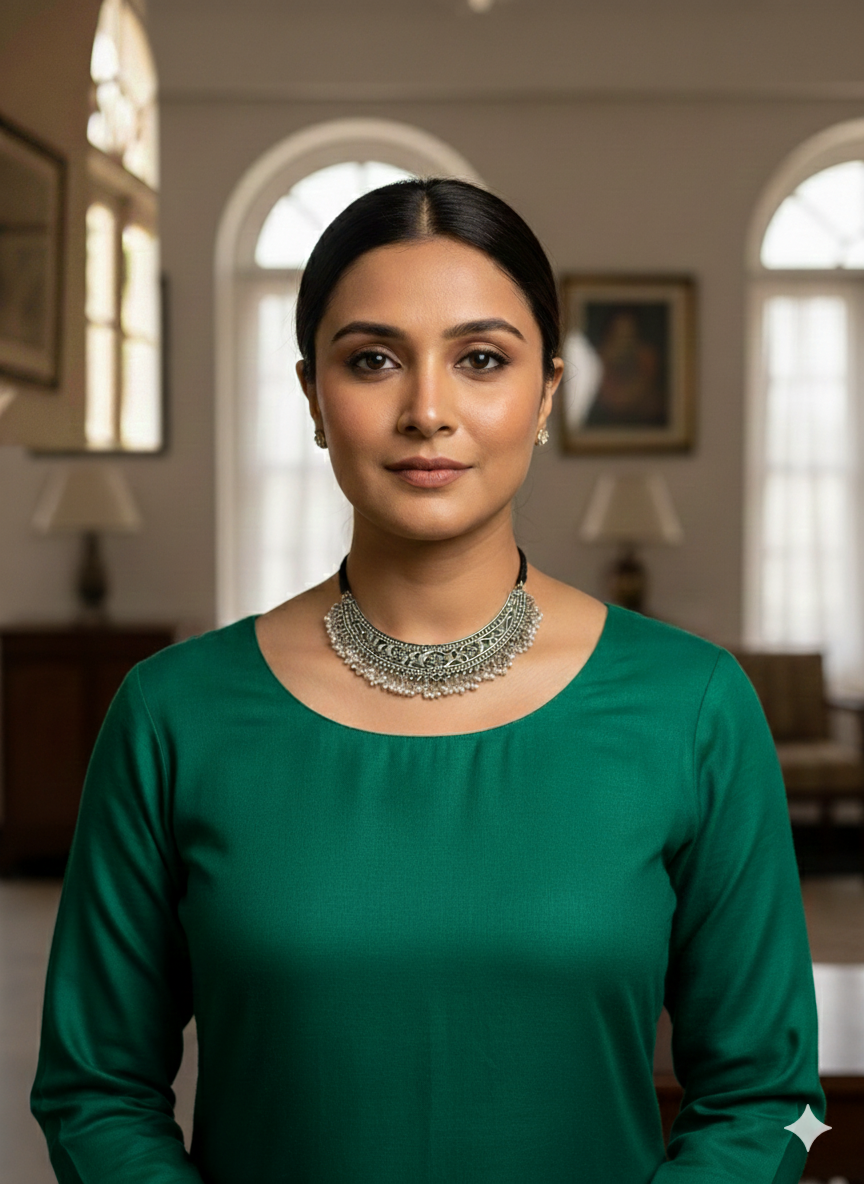 Handcrafted oxidised silver pearl choker neckpiece worn for elegant festive styling
