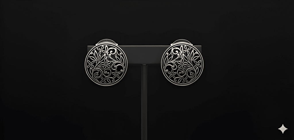 Oxidised botanical filigree stud earrings displayed on black stand

