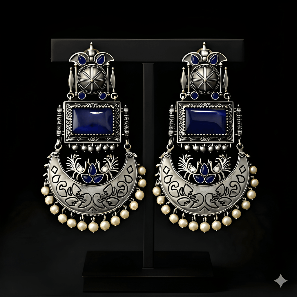 Monalisa stone oxidised silver earrings displayed on black stand | Color: Midnight Blue

