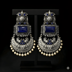 Monalisa stone oxidised silver earrings displayed on black stand | Color: Midnight Blue

