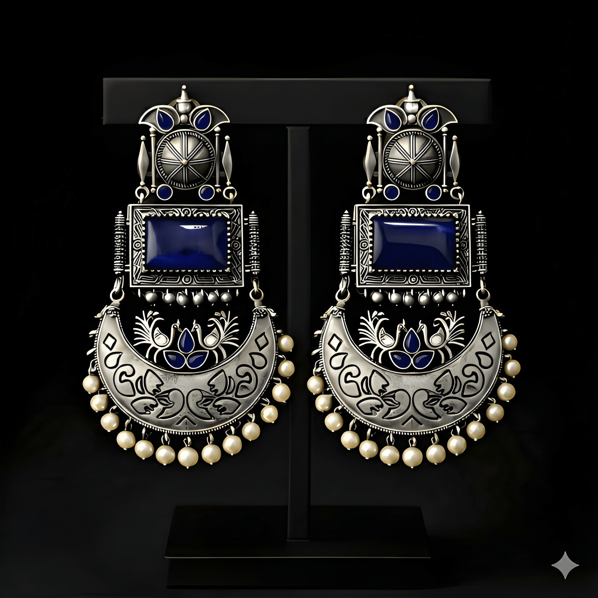 Monalisa stone oxidised silver earrings displayed on black stand | Color: Midnight Blue

