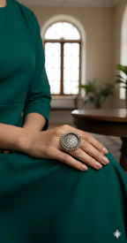 Pearl detail oxidised silver statement ring styled with elegant ethnic outfit