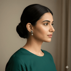 Woman wearing oxidised silver heritage stud earrings
