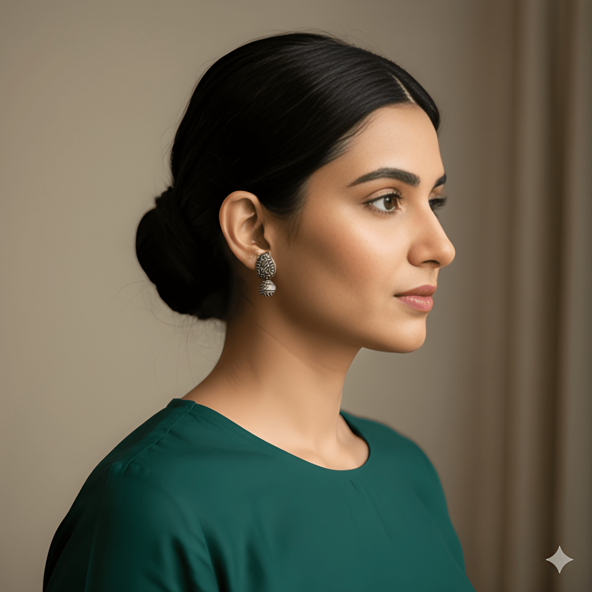 Woman wearing oxidised silver heritage stud earrings
