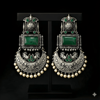 Monalisa stone oxidised silver earrings displayed on black stand | Color: Emerald Green

