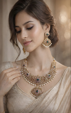 Woman wearing royal emerald pearl Kundan bridal necklace set