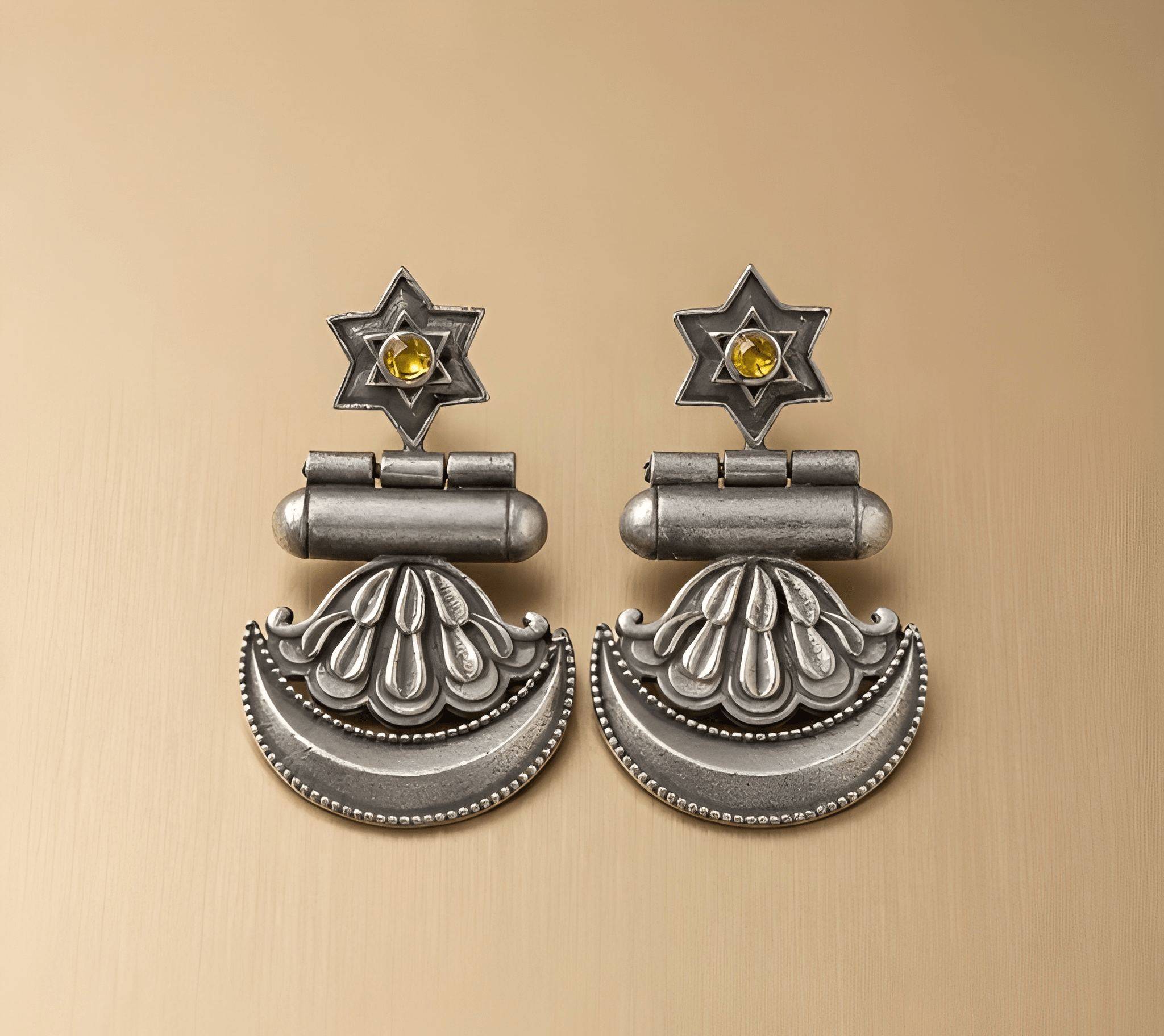 Star crescent oxidised silver dangler earrings with engraved crescent drop
